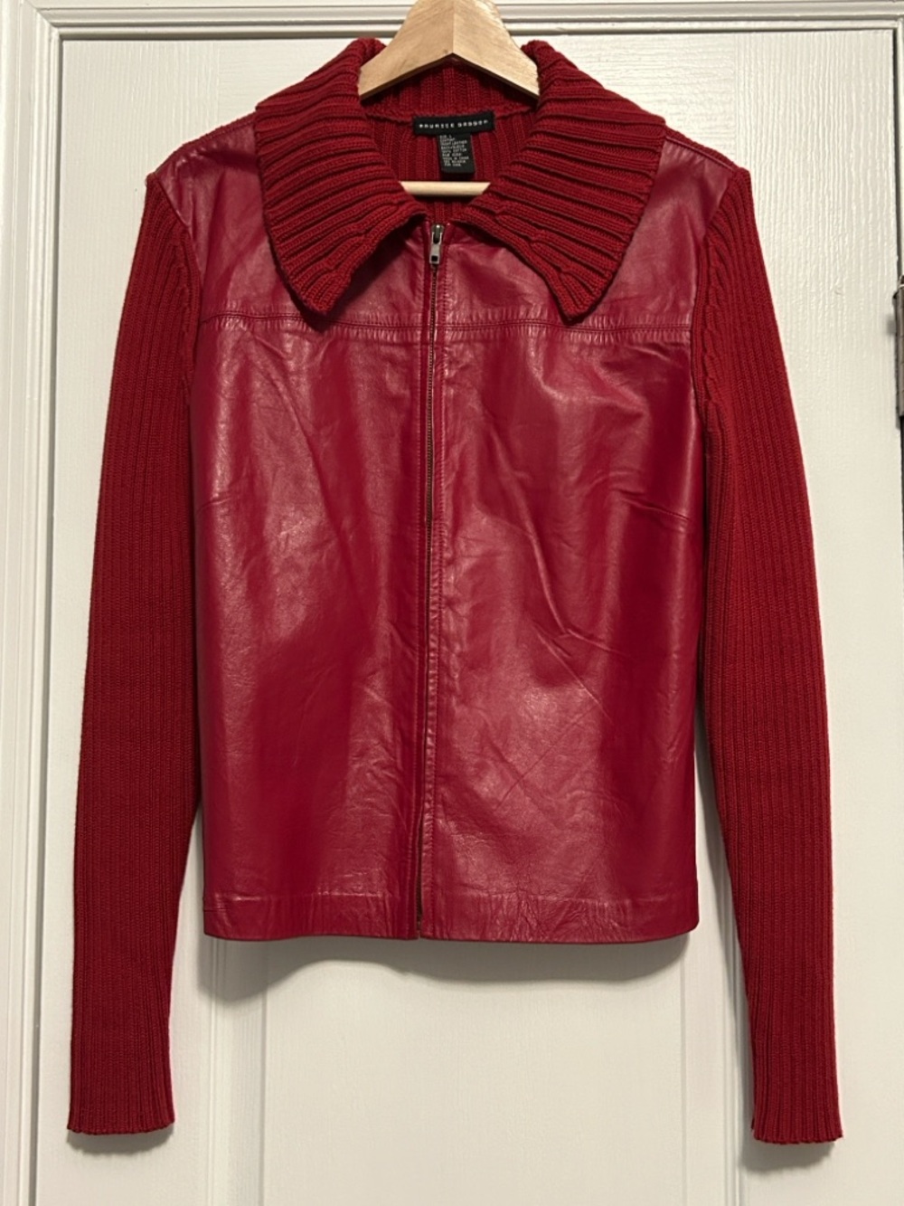 Red Leather & Knit Collar Zip Vintage Jacket by Maurice Sasson